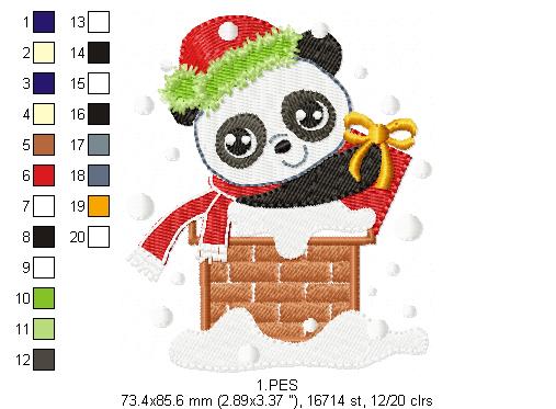 Christmas Panda in the chimney  - Applique / Fill Stitch - 6 Sizes - Machine Embroidery Designs