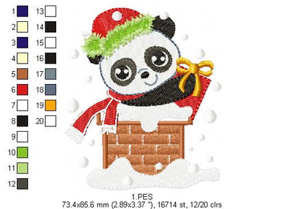 Christmas Panda in the chimney  - Applique / Fill Stitch - 6 Sizes - Machine Embroidery Designs
