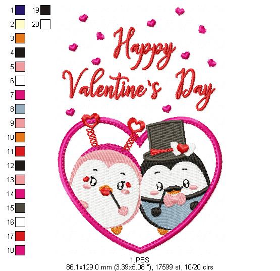 Couple of love penguins - Valentine's Days - 6 Sizes  - Machine Embroidery Design