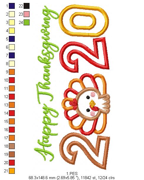 Happy Thanksgiving  2020 -  Applique  - 6 sizes - Machine Embroidery Design