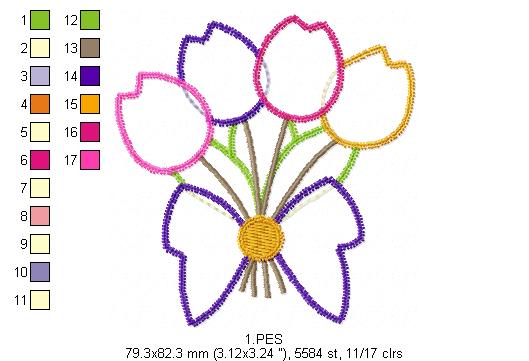 Four Tulips Bouquet - Applique Zig Zag - 6 Sizes - Machine Embroidery Designs