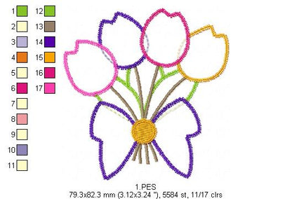 Four Tulips Bouquet - Applique Zig Zag - 6 Sizes - Machine Embroidery Designs