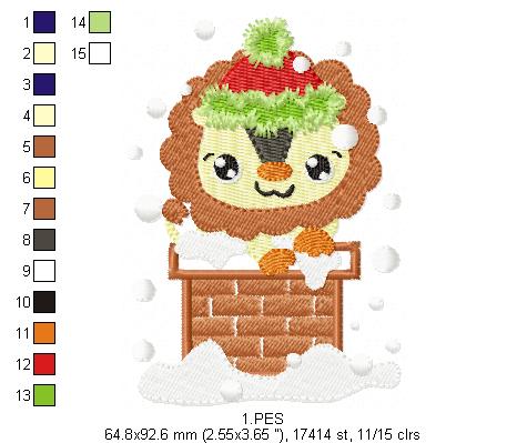 Christmas Lion in the chimney - Applique / Fill Stitch - 6 Sizes - Machine Embroidery Designs