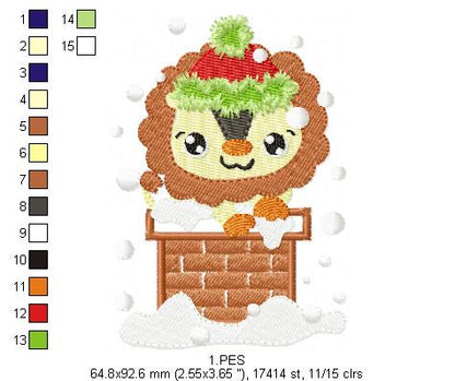 Christmas Lion in the chimney - Applique / Fill Stitch - 6 Sizes - Machine Embroidery Designs