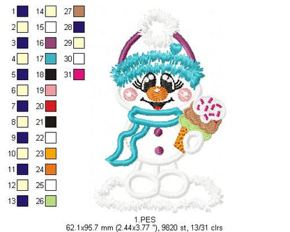 Cute Snowman  - Applique - 6 Sizes - Machine Embroidery Designs