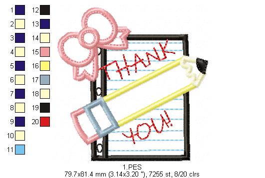 Pencil with Bow - Back to School - Applique - Machine Embroidery Design
