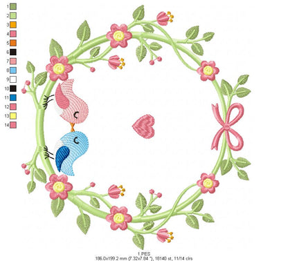 Couple of birds in the frame - Fill Stitch - 5 Sizes - Machine Embroidery