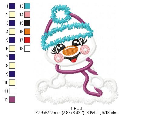 Cute Snowman  - Applique - Machine Embroidery Design