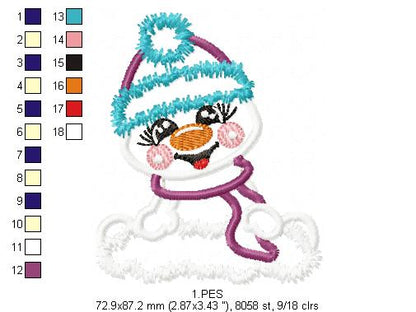 Cute Snowman  - Applique - Machine Embroidery Design