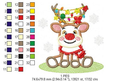 Christmas Rudolf Reindeer - Applique - 6 Sizes - Machine Embroidery Designs