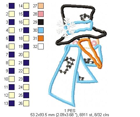 Snowman - 6 Sizes - Applique - Machine Embroidery Design
