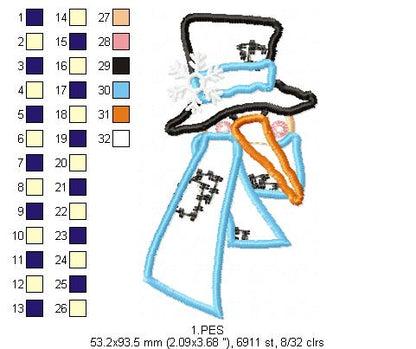 Snowman - 6 Sizes - Applique - Machine Embroidery Design