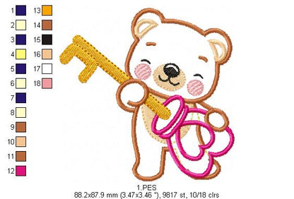 Couple of teddy bears key and lock - Applique - Machine Embroidery Designs