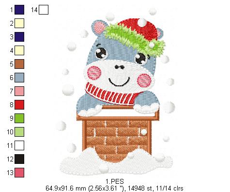 Christmas Hippo in the chimney - Applique / Fill Stitch - 6 Sizes - Machine Embroidery Designs