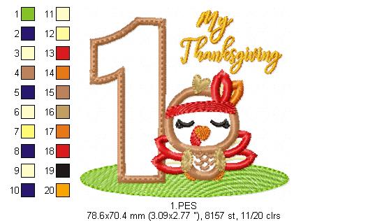 My First  Thanksgiving  Girl - Turkey with Bow - Machine Embroidery Design