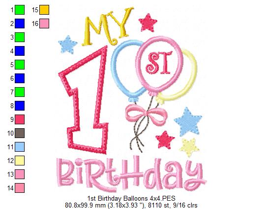 Sweet First Birthday Balloons - Applique - Machine Embroidery Design