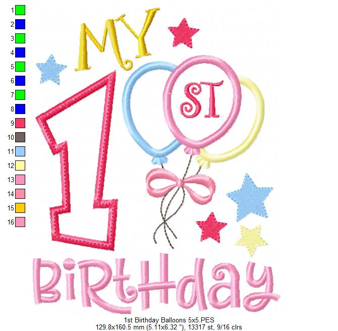 Sweet First Birthday Balloons - Applique - Machine Embroidery Design