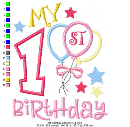Sweet First Birthday Balloons - Applique - Machine Embroidery Design