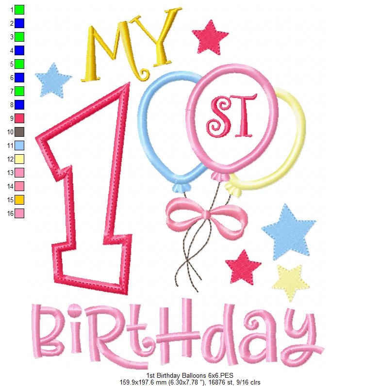 Sweet First Birthday Balloons - Applique - Machine Embroidery Design