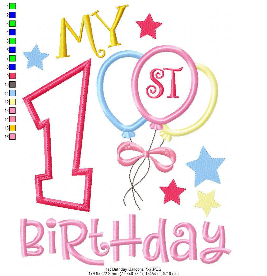 Sweet First Birthday Balloons - Applique - Machine Embroidery Design