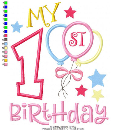 Sweet First Birthday Balloons - Applique - Machine Embroidery Design