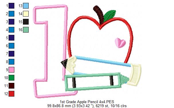 1st Grade Apple, Pencil and Crayon - Applique Machine Embroidery Design