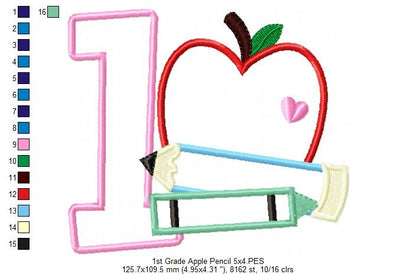 1st Grade Apple, Pencil and Crayon - Applique Machine Embroidery Design