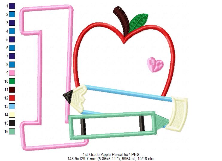 1st Grade Apple, Pencil and Crayon - Applique Machine Embroidery Design