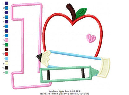 1st Grade Apple, Pencil and Crayon - Applique Machine Embroidery Design