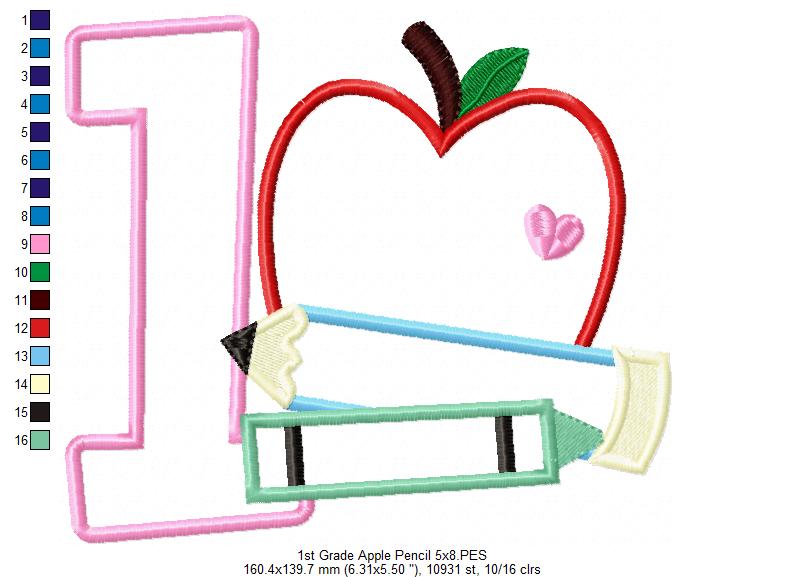 1st Grade Apple, Pencil and Crayon - Applique Machine Embroidery Design