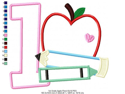 1st Grade Apple, Pencil and Crayon - Applique Machine Embroidery Design