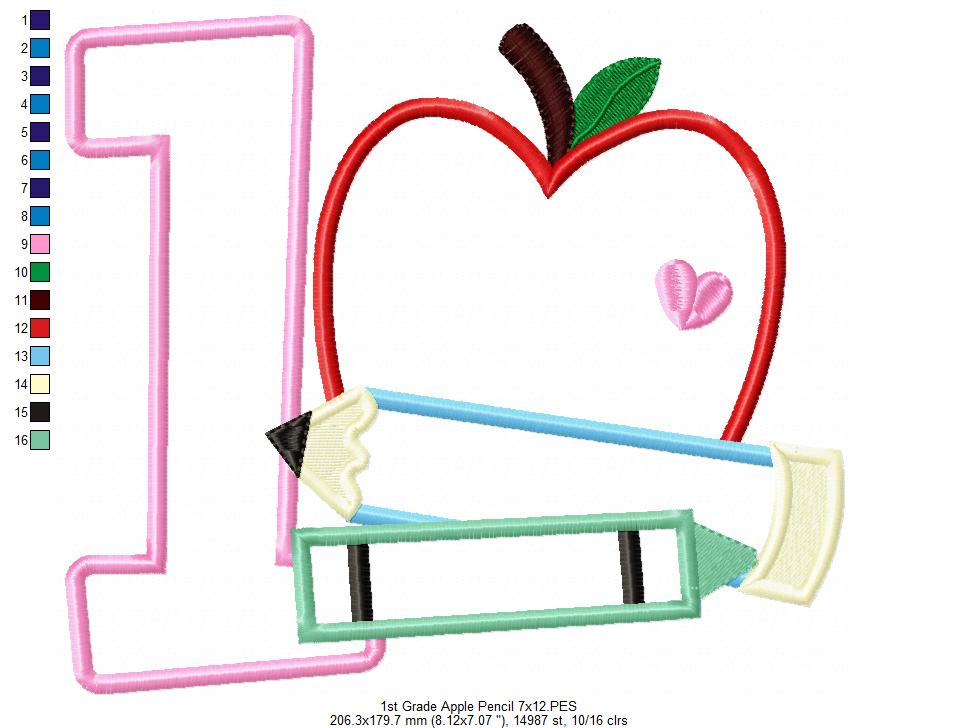 1st Grade Apple, Pencil and Crayon - Applique Machine Embroidery Design