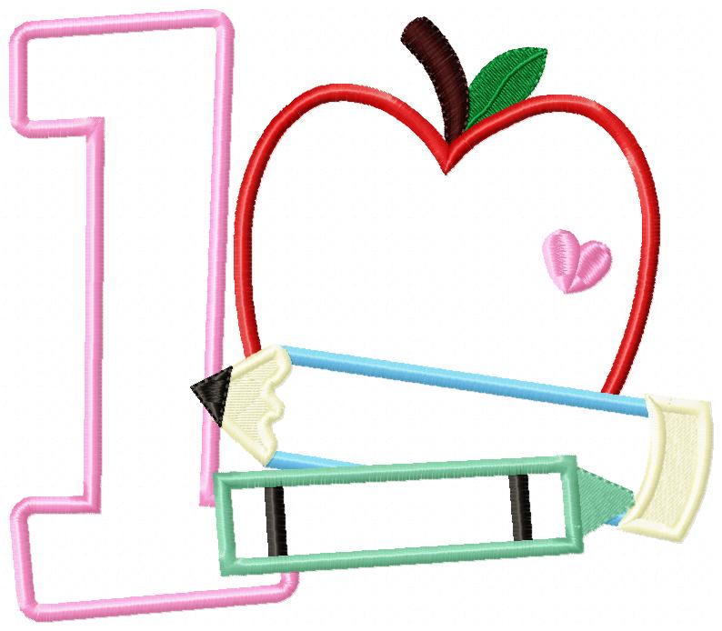 1st Grade Apple, Pencil and Crayon - Applique Machine Embroidery Design