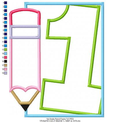 1st Grade Pencil Frame - Applique-Machine Embroidery Design