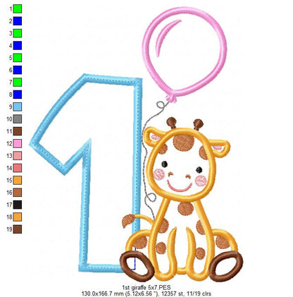 Sweet Giraffe First Birthday - Applique - Machine Embroidery Design