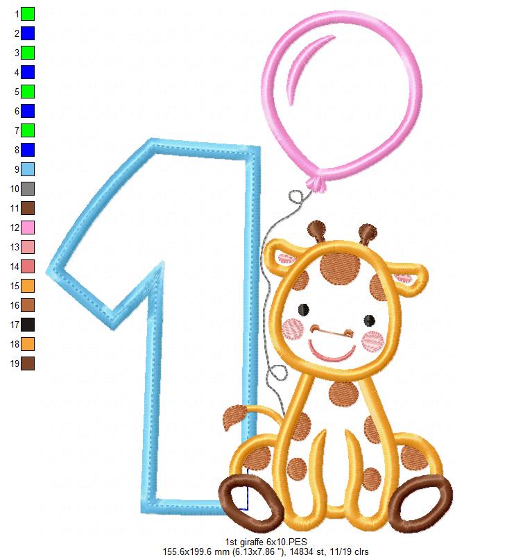 Sweet Giraffe First Birthday - Applique - Machine Embroidery Design