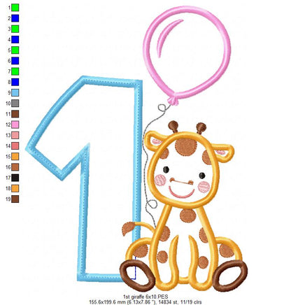 Sweet Giraffe First Birthday - Applique - Machine Embroidery Design