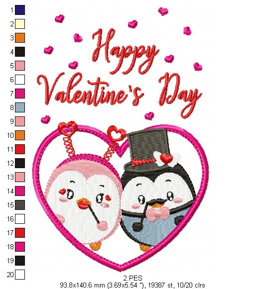 Couple of love penguins - Valentine's Days - 6 Sizes  - Machine Embroidery Design