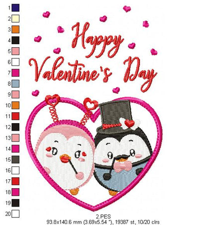 Couple of love penguins - Valentine's Days - 6 Sizes  - Machine Embroidery Design