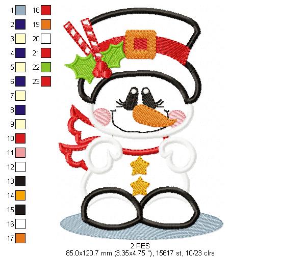 Christmas Snowman  - Applique - Machine Embroidery Design