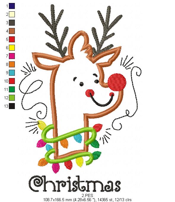 Christmas Rudolf Reindeer  - Applique - 6 Sizes - Machine Embroidery Designs