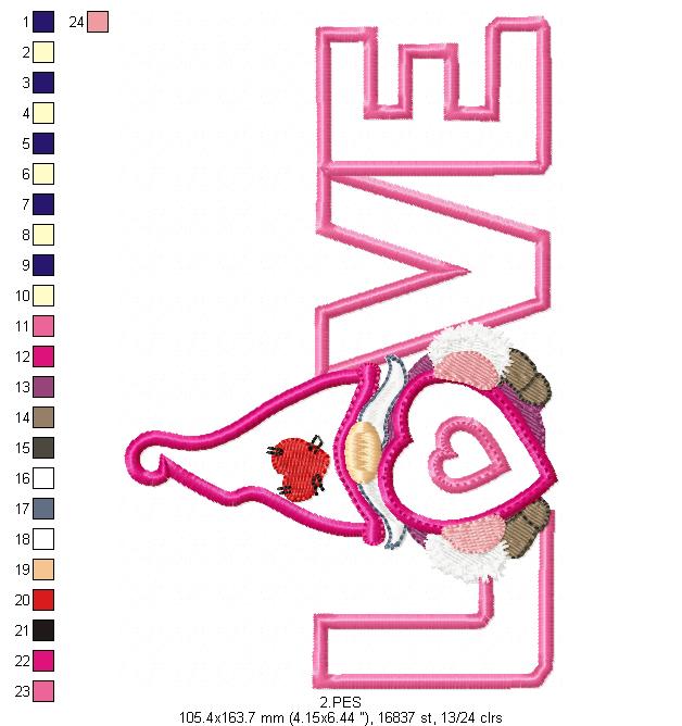 Valentines Love Gnome 2 - Applique - Machine Embroidery Designs