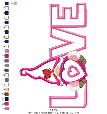 Valentines Love Gnome 2 - Applique - Machine Embroidery Designs