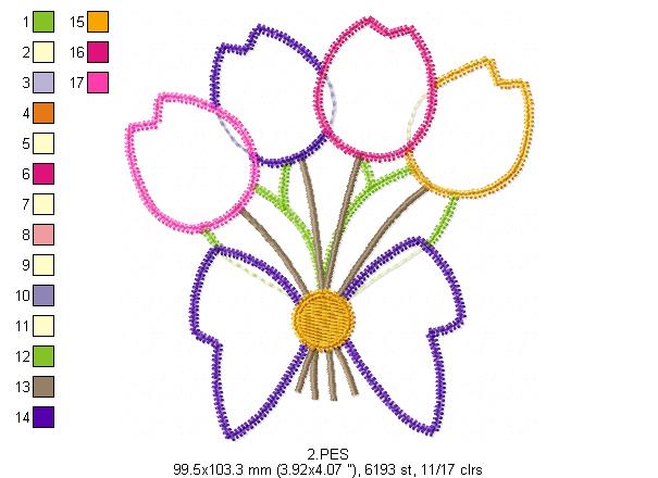 Four Tulips Bouquet - Applique Zig Zag - 6 Sizes - Machine Embroidery Designs