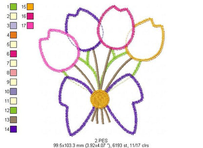 Four Tulips Bouquet - Applique Zig Zag - 6 Sizes - Machine Embroidery Designs