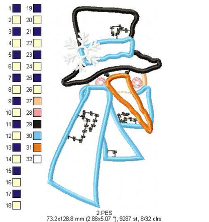Snowman - 6 Sizes - Applique - Machine Embroidery Design