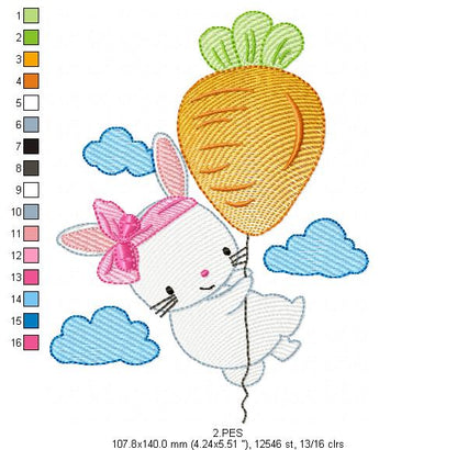Cute bunny in carrot balloon - Fill Stitch - Machine Embroidery Designs