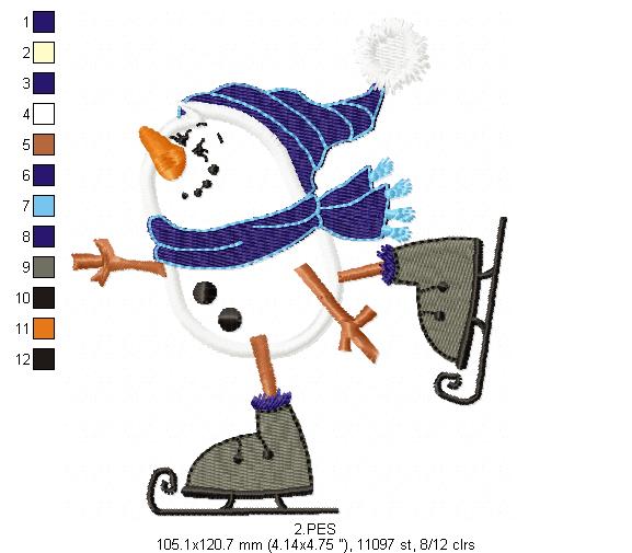 Snowman skiing in the snow - Applique -6 Sizes - Machine Embroidery Designs
