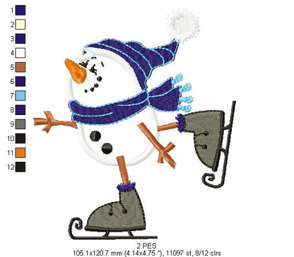 Snowman skiing in the snow - Applique -6 Sizes - Machine Embroidery Designs