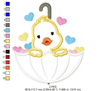 Duckling in Umbrella  - Applique -  6 Sizes  - Machine Embroidery Design